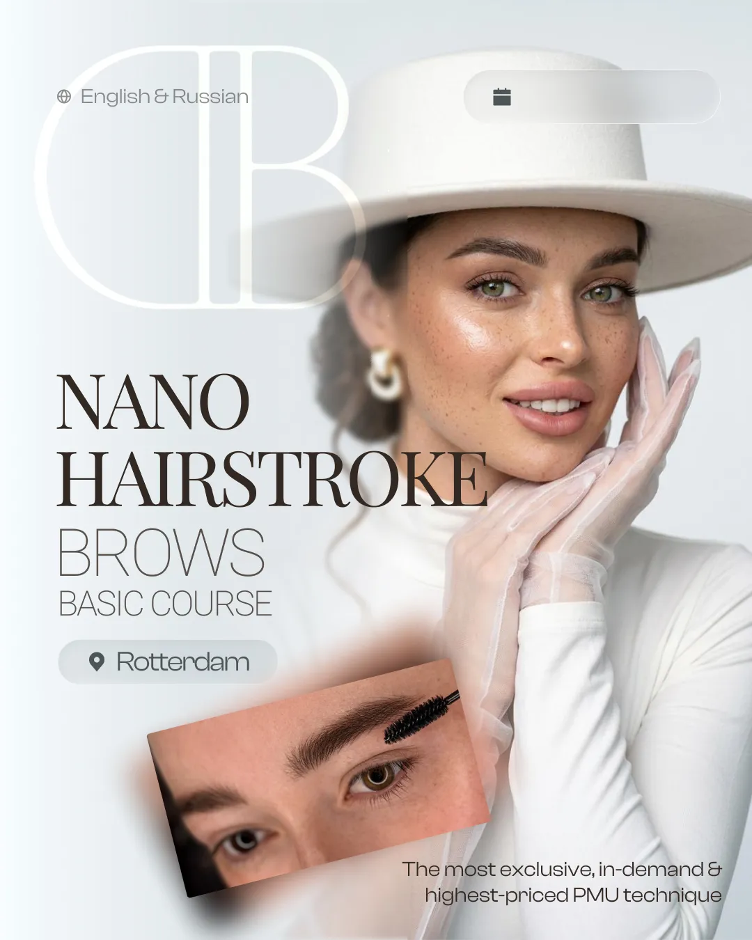 Nano Hairstroke Brows course flyer — a model in a white hat beside a close-up of finished hair-stroke brows